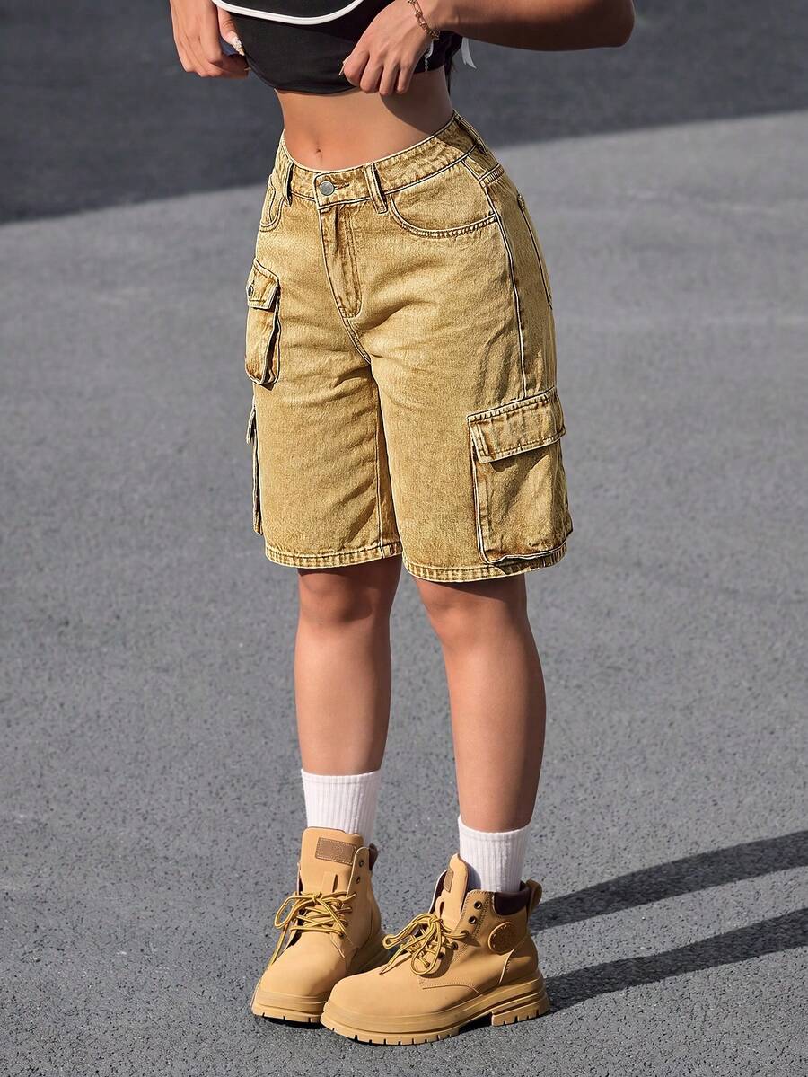 Quần short denim ống rộng dáng rộng, thoải mái, đa năng dành cho nữ mùa hè. - màu nâu - Xem 1