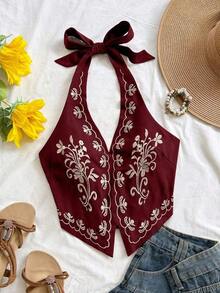 Top corto para mujer estilo bohemio sin mangas con diseño de espalda de tirantes, cuello halter con diseño anudado y bordados florales, adecuado para festivales de música - Rojo violeta - Ver 10