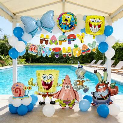 SpongeBob SquarePants 生日装饰套装包含横幅和气球，铝箔气球，适合室内外生日派对使用。