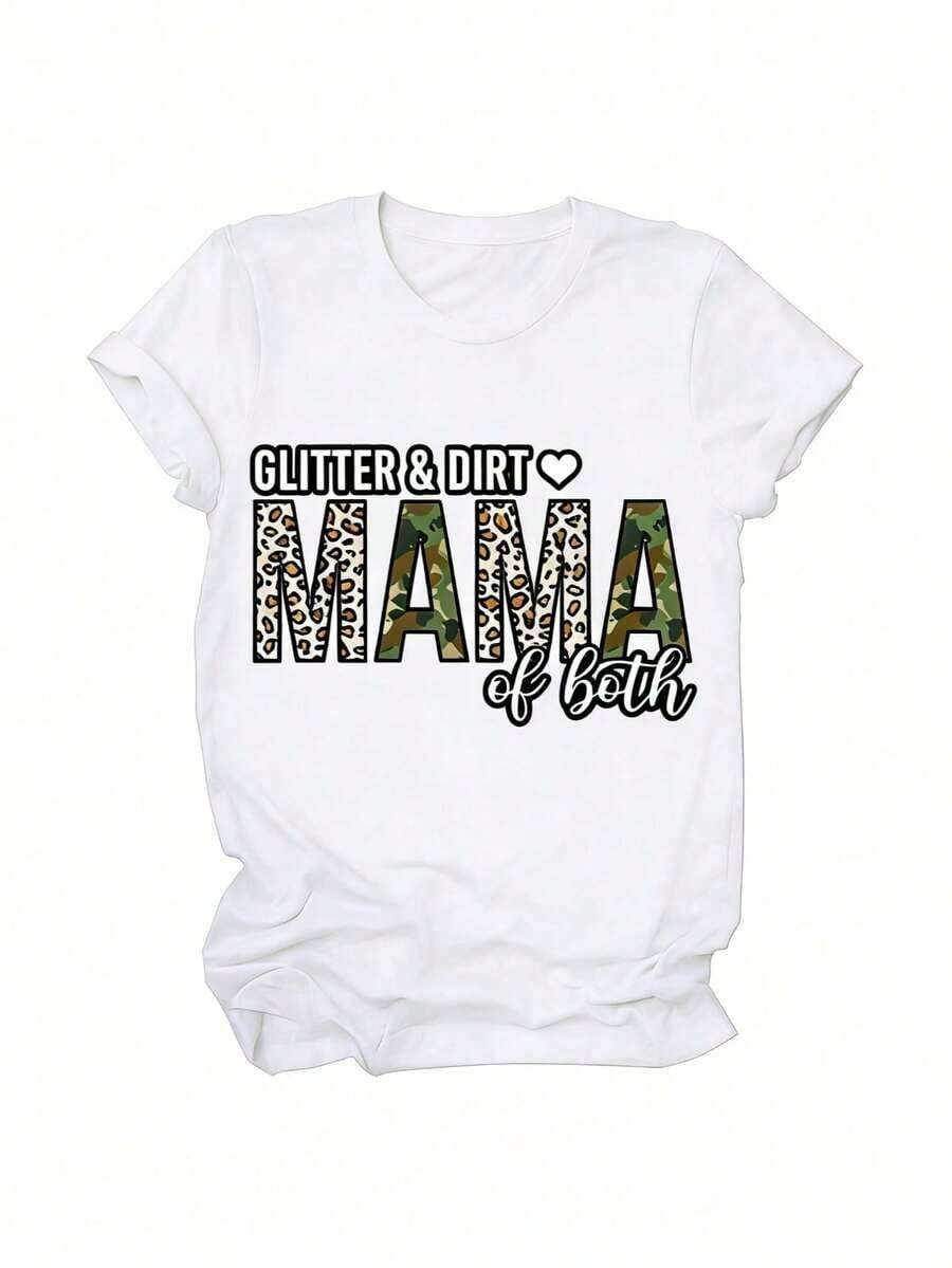 Mother's Day Set, Women's 'Glitter And Dirt Mama Of Both' Print T-Shirts, Funny T-Shirt For Mom, Gift T-Shirts For Mom, Short Sleeve Graphic Tees, Short Sleeve T-Shirts For Women, Women's Tops - 白色 - 查看 1