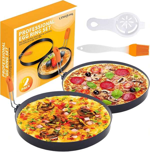 2 paquetes de anillos de acero inoxidable antiadherentes de 8 pulgadas para tortillas, anillos redondos para panqueques y magdalenas con mango de silicona