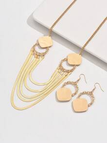 Ensemble de 3 pièces/set Collier et boucles d'oreilles pour femmes avec chaîne serpent plate carrée géométrique multicouche et franges, convient pour les banquets, les fêtes et les mariages - Or jaune - Voir 3