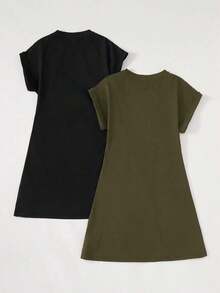 Set de 2 vestidos mini de manga corta y cuello redondo, de punto de unicolor casual, para mujeres - Verde militar - Ver 4