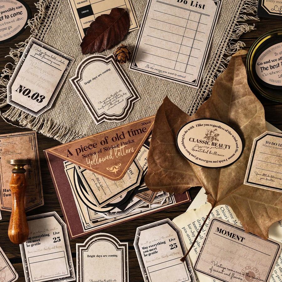 30 piezas/paquete Pegatinas con borde de texto vintage estético, pegatinas decorativas DIY creativas para scrapbooking, regalo de vacaciones, suministros de papelería personalizados - 2. Cuentos románticos en papel - Ver 1