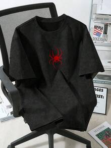 1pc Teen Boys Fashion Personalized Versatile Spider Print Vintage Suede Short Sleeve Shirt - Black - View 3