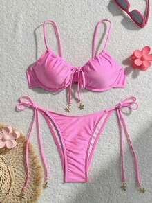 Conjunto de bikini para mujer con top de tirantes con aros y sujetador push-up con estampado digital y Bottom con lazos laterales, para primavera/verano - Rosa - Ver 6