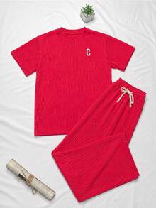Conjunto de dos piezas informal y holgado para el hogar, ligero y bordado con la letra C para primavera y verano, compuesto por camiseta y pantalones largos, 1 unidad - Rosa - Ver 3