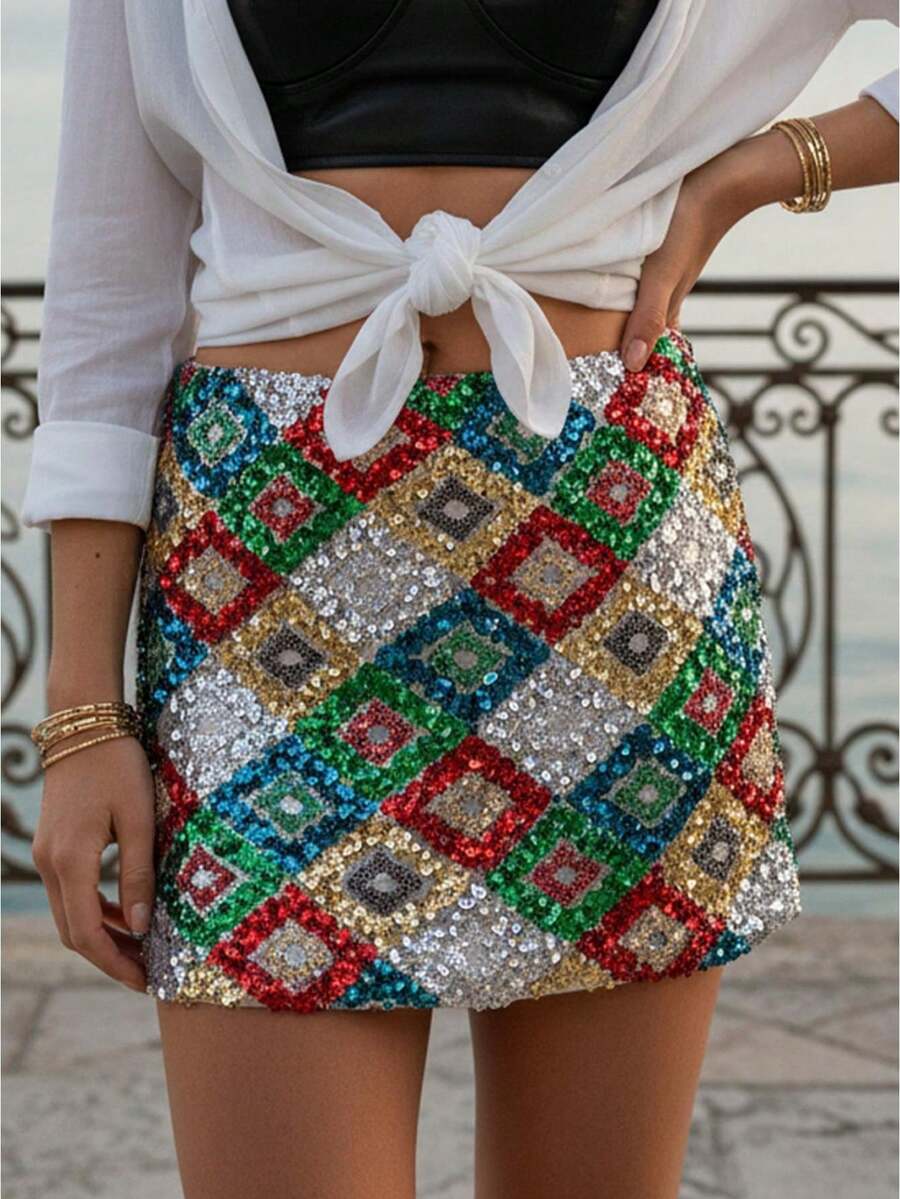 Detalles sexy de lentejuelas sólidas minifaldas para fiestas festivas femeninas - Dorado - Ver 1