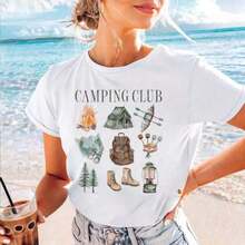 New Women's Casual Camping Style T-Shirt, Short Sleeve, Fashion Print, Summer, Versatile Regular Fit - Unisex Vintage Urban Style T-Shirt, Loose Fit, Cotton, Short Sleeve And Round Neck - 白色 - 查看 1