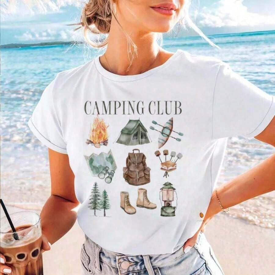 New Women's Casual Camping Style T-Shirt, Short Sleeve, Fashion Print, Summer, Versatile Regular Fit - Unisex Vintage Urban Style T-Shirt, Loose Fit, Cotton, Short Sleeve And Round Neck - 白色 - 查看 1