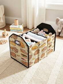 1pc Compartment Storage Box, Laundry Basket, Large Capacity Foldable With Patterned Print, Suitable For Nursery, Bedroom, Baby Clothes, Under Bed Storage, Toy Storage - Multicolor - View 4