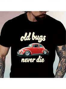 Unisex T-Shirt Made Of Pure Cotton, Men's Old Insects Never The" Red Car Graphic T-Shirt - Casual, Trim Neck, Short Sleeve Cotton Tea For Summer Fun Relaxed Fit Machine Washable, Black With Yellow Typography, Summer Shirt, Blouse, Basic Top, Top, Creative Design, Outdoor Play, Cool Style, Fun Design, Great For Outdoor Play - Black - View 1