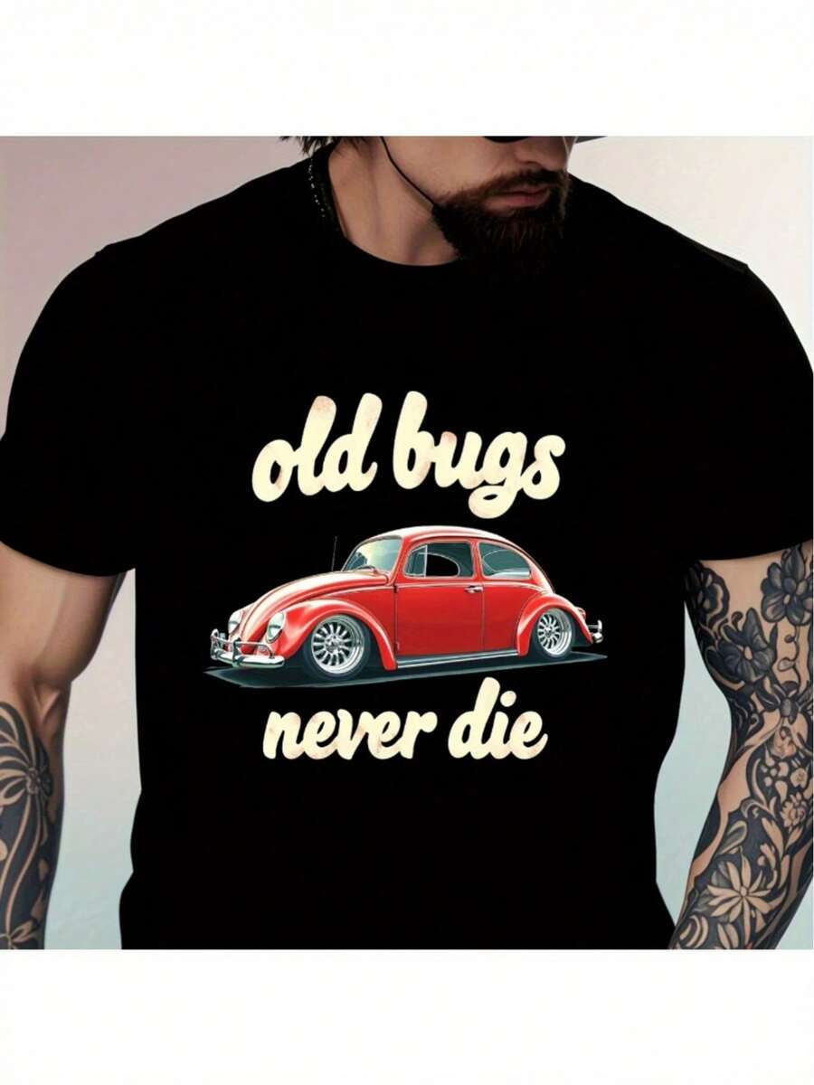 Unisex T-Shirt Made Of Pure Cotton, Men's Old Insects Never The" Red Car Graphic T-Shirt - Casual, Trim Neck, Short Sleeve Cotton Tea For Summer Fun Relaxed Fit Machine Washable, Black With Yellow Typography, Summer Shirt, Blouse, Basic Top, Top, Creative Design, Outdoor Play, Cool Style, Fun Design, Great For Outdoor Play - Black - View 1