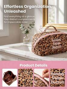 Leopard Print Women's Travel Makeup Bag, Portable Waterproof Cosmetic Storage Box, Leopard Contrast Color Makeup Organizer Bag, Can Be Laid Flat To Open, Suitable For Toiletries And Makeup Brushes - Multicolor - View 11