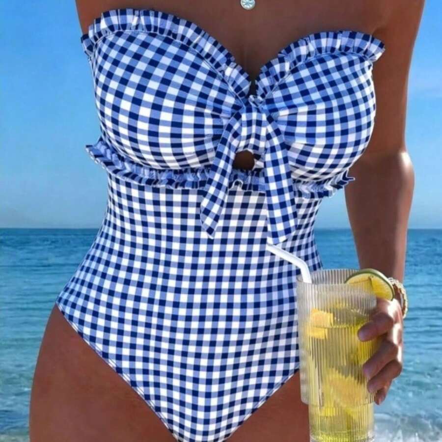 Blue White Striped Strapless Monokini, Bachelorette Beach Party Swimsuit, Ruffle Trim And Bow Front Design, Slim Fit One-Piece With Padded Support, Quick Dry Beachwear For Bridal Parties, Gift Ready - 藍白格子 - 查看 1