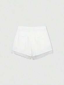 Pantalones cortos casuales de verano de unicolor con volantes y encaje - Blanco - Ver 2