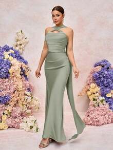 Belle Elegante vestido de dama de honor de novia ajustado con escote corazón y volantes, color verde romántico trenzado mate - Verde Oliva - Ver 7
