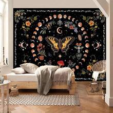 1pc Black Background Sky Butterfly Tapestry, With Orange Moon Phase And Floral Pattern, Suitable For Mysterious Witchcraft Style Home Decor, Bohemian Style Wall Art Fabric - Multicolor - View 12