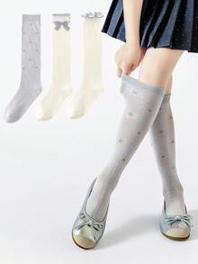 3 Pairs Girls' Minimalist School Style Breathable Versatile Princess Socks, Suitable For Dresses, Parties And Daily Wear, Spring/Summer, Student Socks - Multicolor - View 1