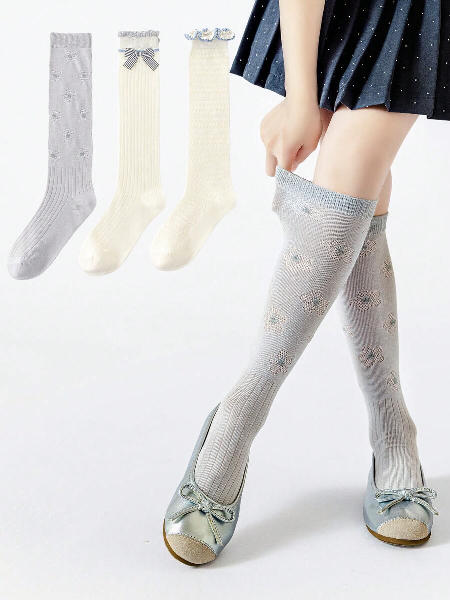 3 Pairs Girls' Minimalist School Style Breathable Versatile Princess Socks, Suitable For Dresses, Parties And Daily Wear, Spring/Summer, Student Socks - Multicolor - View 1
