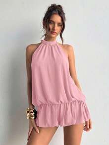 casual de verano para mujer con cuello halter, unicolor y volantes en el bajo - Rosa - Ver 1