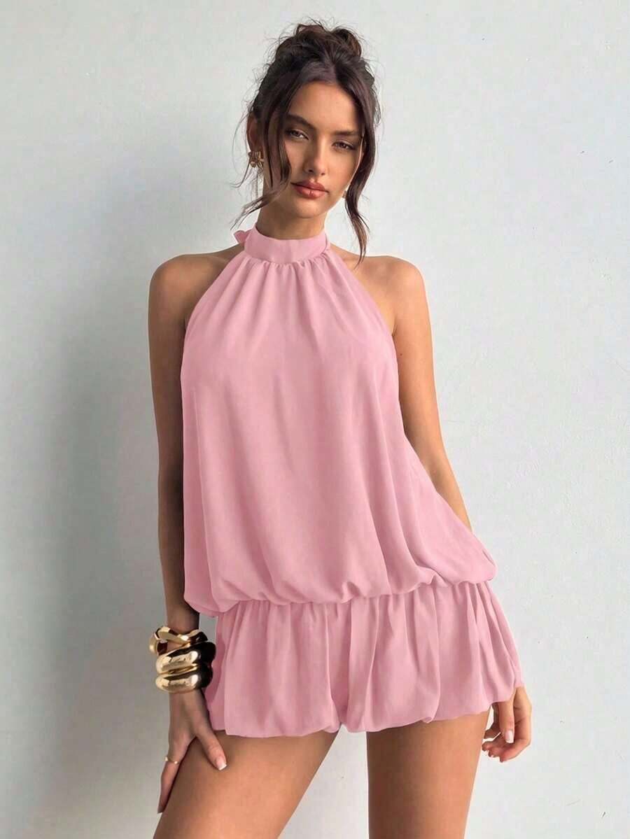 casual de verano para mujer con cuello halter, unicolor y volantes en el bajo - Rosa - Ver 1