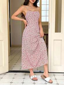 Vestido de playa con tirantes finos y estampado floral ditsy negro para mujeres - Rosa - Ver 6