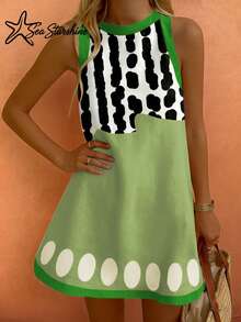 Starfish Shiny Sleeveless Vacation Dress, Colorful Fish & Letter Print Inspired By Ocean, For Spring/Summer Elegant - Green - View 4