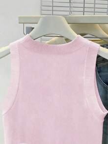 Top de punto de cuello redondo en color sólido para mujer de , minimalista y versátil, para verano. - Rosa - Ver 5