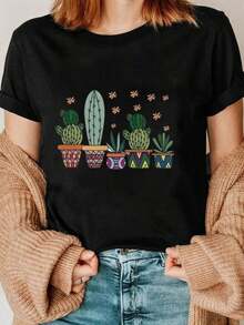 Suave Camiseta con estampado de cactus vibrante color negro para mujer, diseño ligero y cómodo para los amantes de la naturaleza y el estilo bohemio, perfecta para uso casual y reuniones informales, disponible en tallas S, M, L, XL, ideal para todas las estaciones, moda moderna para el verano y primavera, ropa femenina única, exclusiva, ropa de calor mujer - Negro - Ver 6