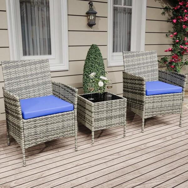Ensemble de mobilier de jardin 3 pièces, chaises en osier et table, mobilier d'extérieur avec coussins moelleux et table en verre pour véranda, jardin, pelouse ou balcon.