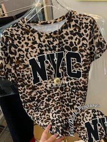 Camiseta de manga corta de cuello redondo con estampado de leopardo casual para mujer, verano - Multicolor 7 - Ver 1