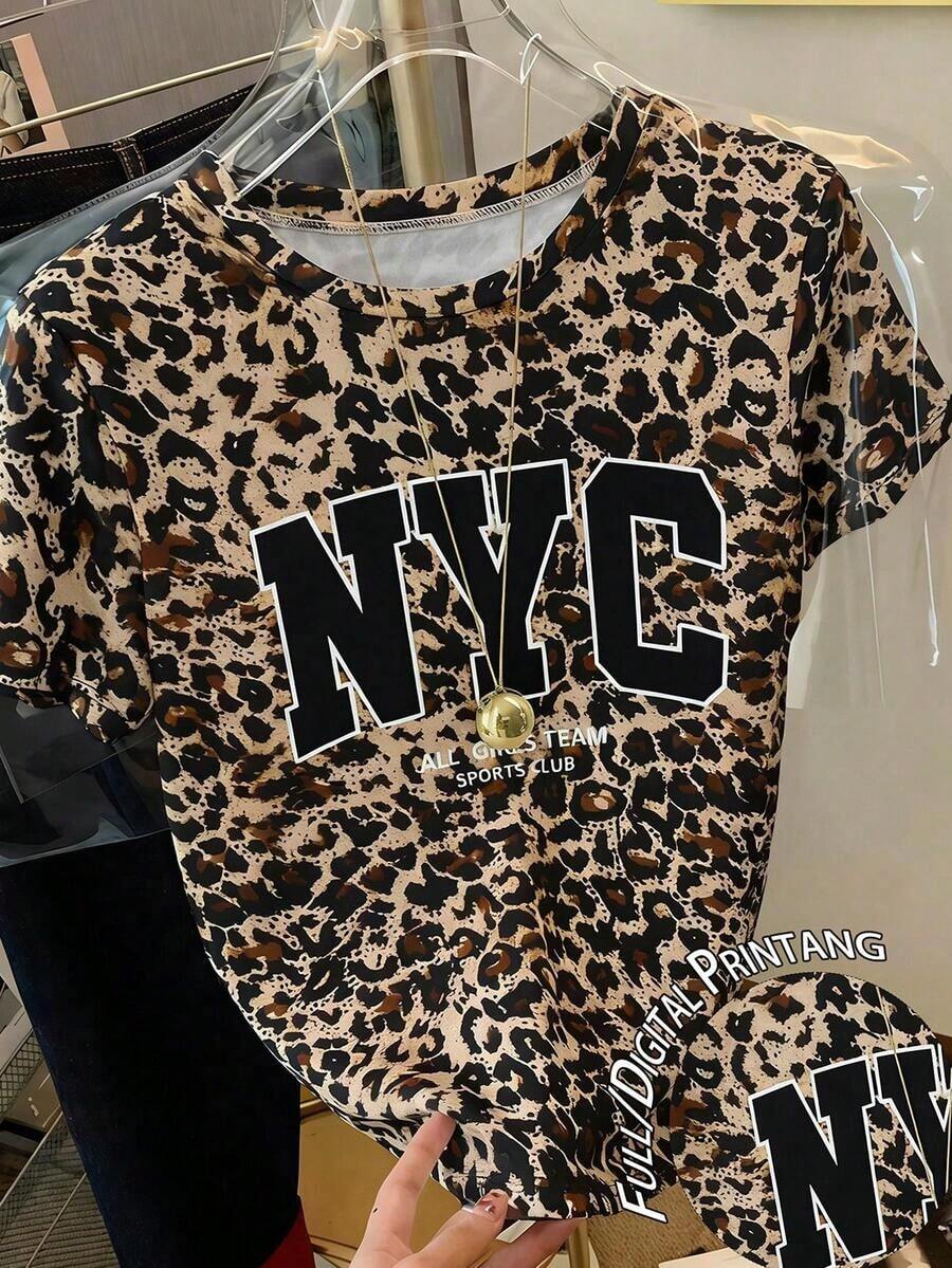 Camiseta de manga corta de cuello redondo con estampado de leopardo casual para mujer, verano - Multicolor 7 - Ver 1