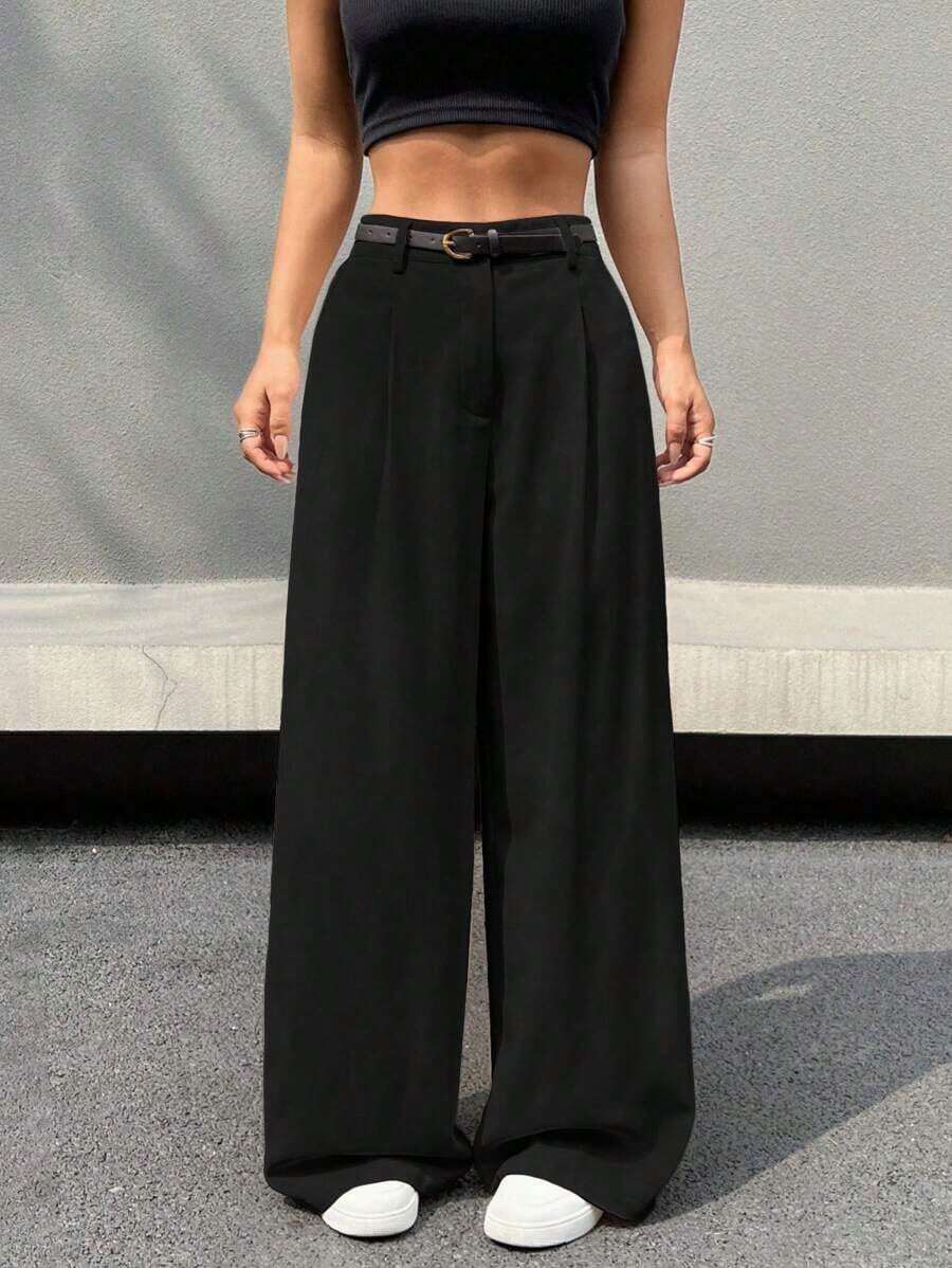 Pantalones de pierna ancha con cinturón de talle alto, perfectos para el tiempo libre, primavera/otoño, con botón, bolsillo y cremallera, de pierna recta natural, pierna ancha, sueltos y negros, para uso casual diario. - Negro - Ver 1