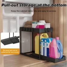 Organizador negro para debajo del fregadero (paquete de 2), estante de almacenamiento extensible con 16 ganchos, organizador multifuncional para cocina y baño. - Ver 9