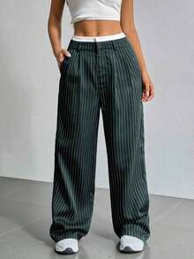 Pantalones anchos de mujer con pliegues y rayas, con cintura de bloques de color para otoño/invierno - Verde Oscuro - Ver 6