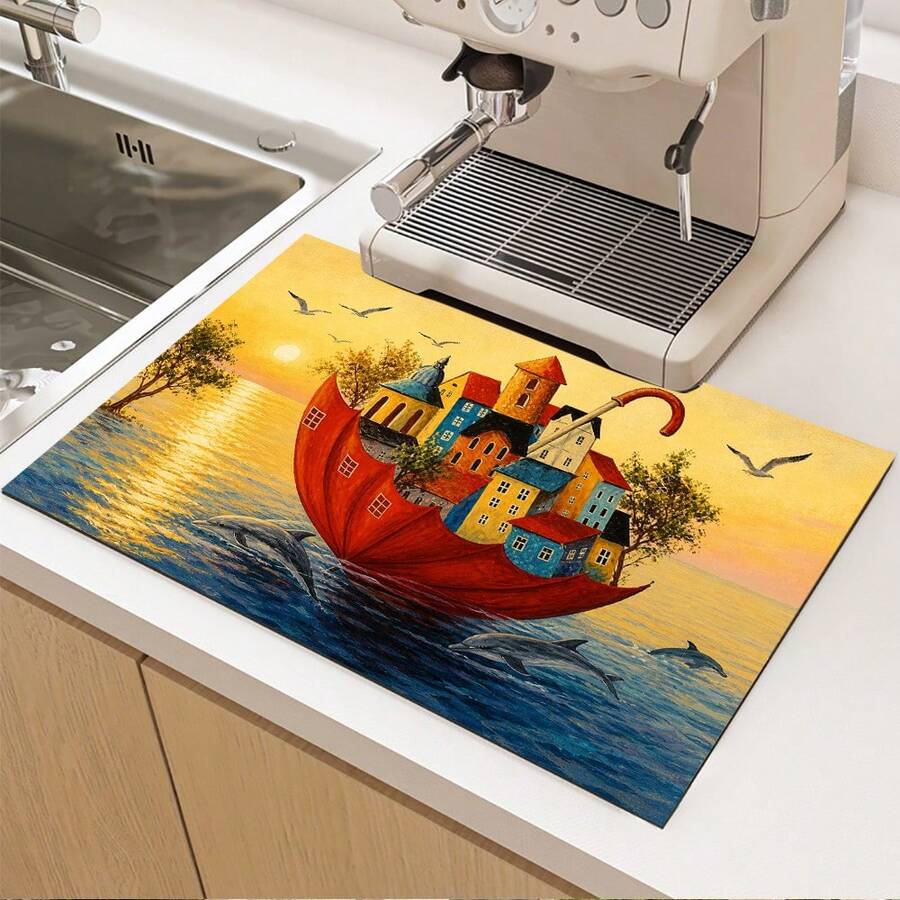 1pc Colorful City Print Absorbent Pad/Drying Mat For Coffee Maker, Tableware - Absorbent Polyester Desktop Protective Mat With Rubber Anti-Slip Pad, For Kitchen Counter Decor, Home Bar And Dining Table - Multicolor - View 1