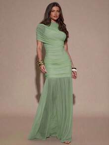 X GALILEA   Vestido ajustado con pliegues elegantes, adecuado para cóctel, cita romántica, capas de otoño/invierno, fiesta, reunión formal, Halloween, Navidad - verde menta - Ver 1