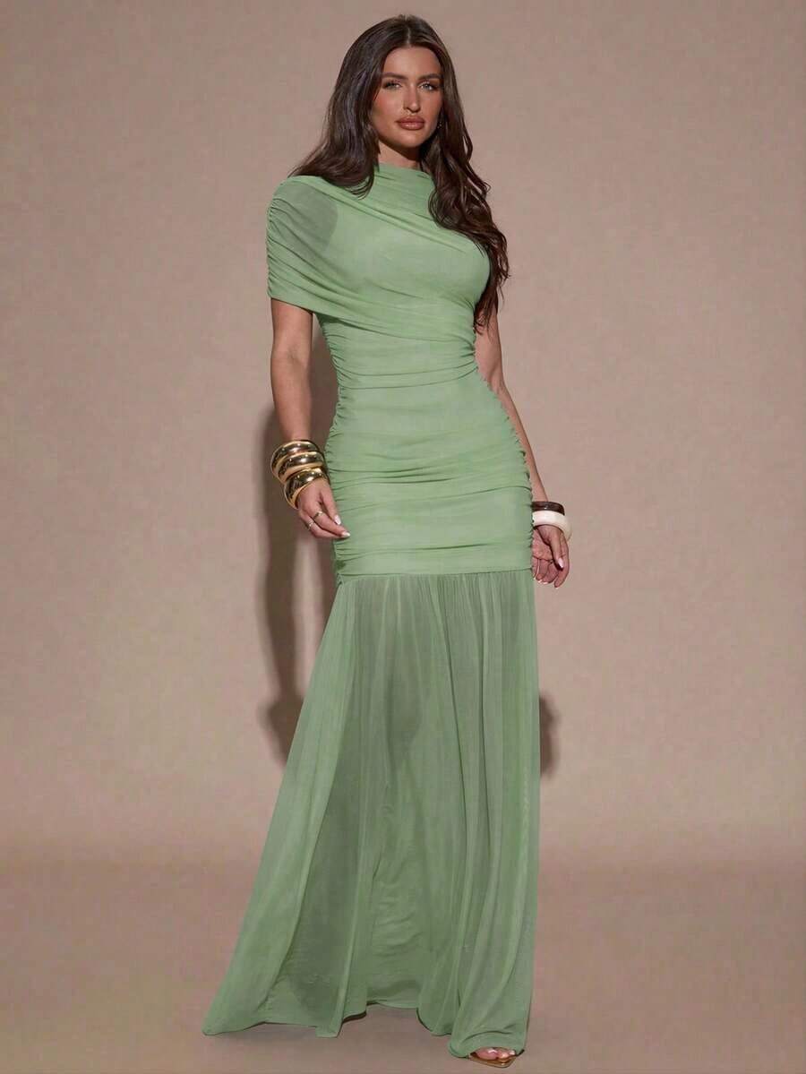 X GALILEA Vestido ajustado con pliegues elegantes, adecuado para cóctel, cita romántica, capas de otoño/invierno, fiesta, reunión formal, Halloween, Navidad - verde menta - Ver 1