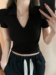 Camiseta de manga corta de cuello polo de color liso y ajuste ceñido para mujer, de uso casual en verano - Negro - Ver 3