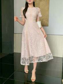 Vestido corto con adorno de encaje en las mangas, vestido mini elegante y refinado - Rosa vieja - Ver 4
