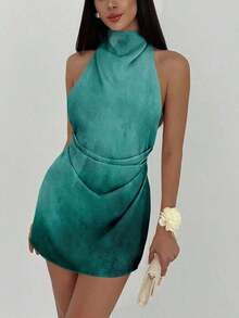 Vestido mini plisado de mujer con espalda abierta y atado - Verde - Ver 3