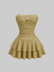 Vestido mini elegante sin tirantes de doble capa para mujer - Verde - Ver 1