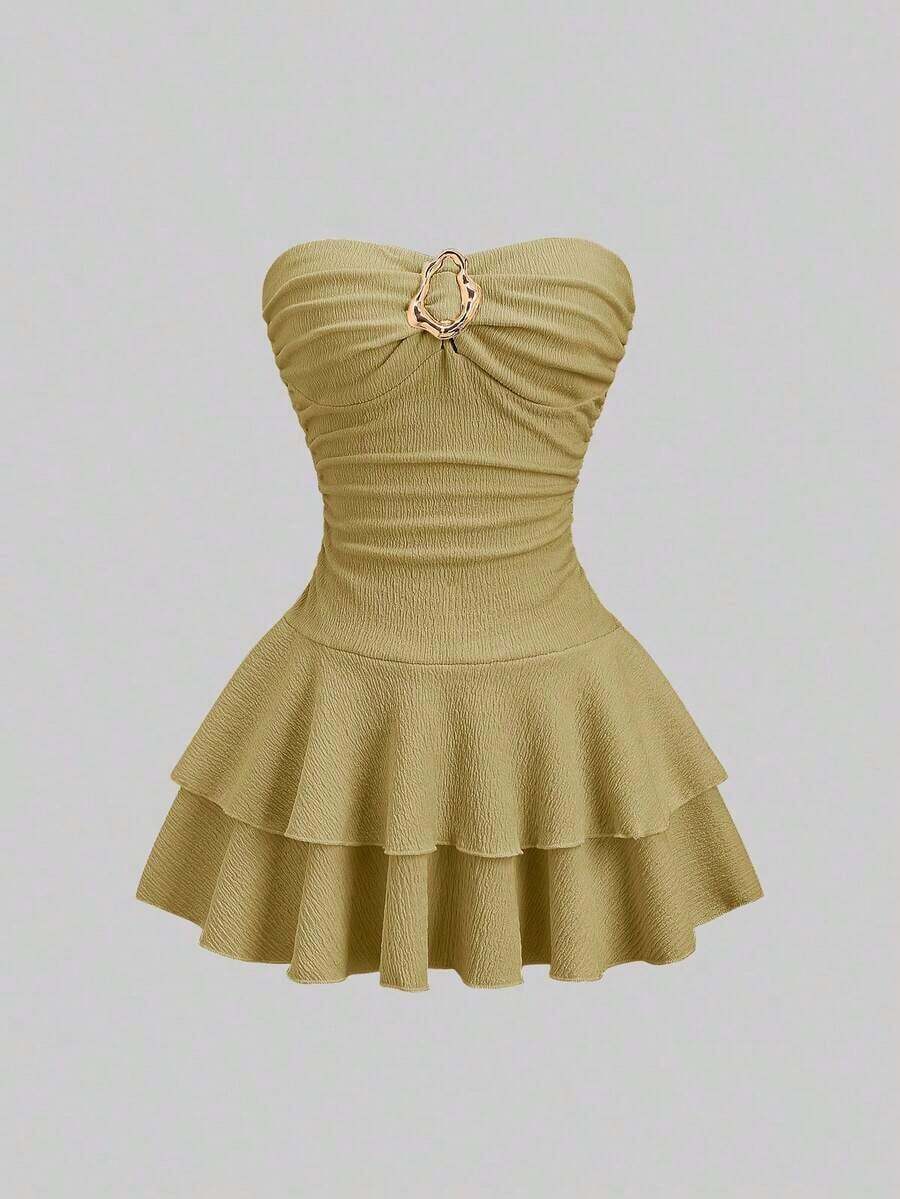 Vestido mini elegante sin tirantes de doble capa para mujer - Verde - Ver 1