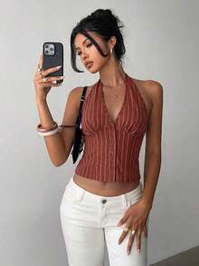 delgado de mujer de algodón con rayas, cuello alto y abotonadura sencilla, para otoño/invierno - Marrón - Ver 4
