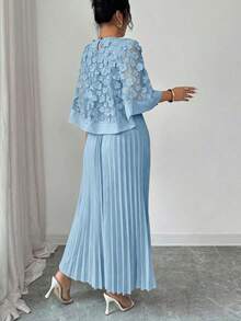 Vestido con decoración floral elegante y bajo plisado, adecuado para bodas, fiestas de cumpleaños y otras ocasiones, otoño - Celeste - Ver 2
