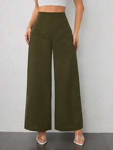 Pantalones de Pierna Ancha de Cintura Alta con Textura para Mujer, Estilo Casual y Sencillo, para la Temporada de Regreso a Clases y Uso Diario - Verde militar - Ver 1