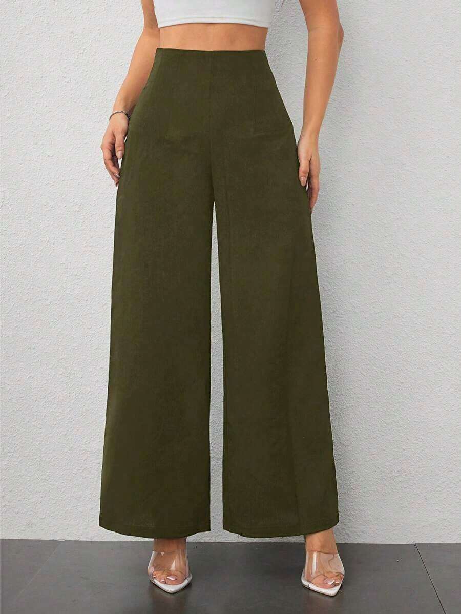 Pantalones de Pierna Ancha de Cintura Alta con Textura para Mujer, Estilo Casual y Sencillo, para la Temporada de Regreso a Clases y Uso Diario - Verde militar - Ver 1