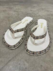 Chinelo De Dedo Rasteirinha Feminino Pedra Turquesa Presente Ano Novo Verão Praia Moda Blogueira Luxo - Branco - Visão 6