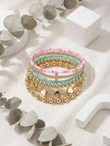 5 peças/Conjunto Pulseira de Contas Redondas de Pérola Turquesa em Cruz de Verão para Mulheres, Pulseira de Argila Simples para Mulheres, Conjunto de Pulseira de Contas Douradas Empilháveis Simples para Mulheres - Colorida - Visão 7